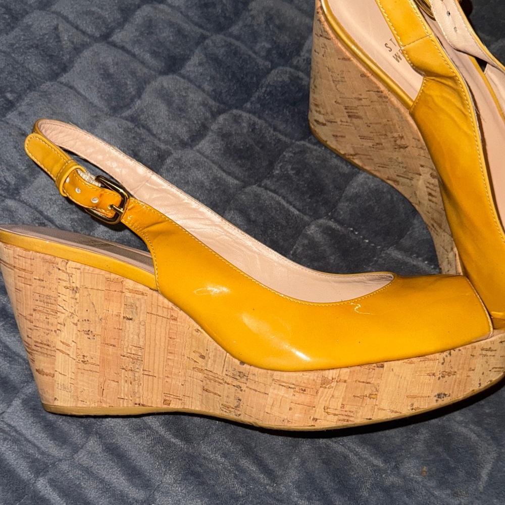 Stuart Weitzman patent leather Mustard Peep-Toe Slingback wedges